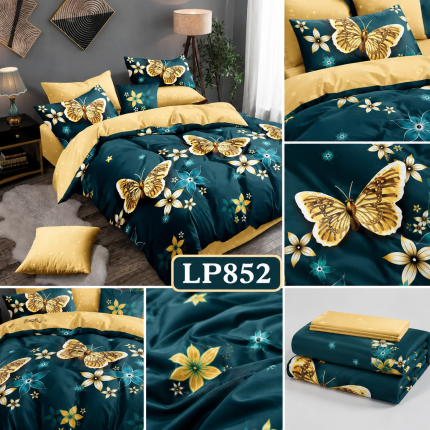Lenjerie de Pat Gold Butterfly Verde cu Fluturi Aurii Finet