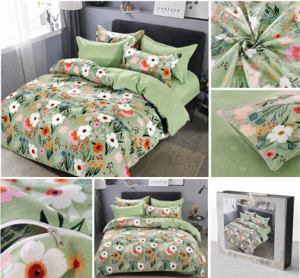 Lenjerie de Pat Green Flowers – Eleganță florală în nuanțe de verde și flori multicolore