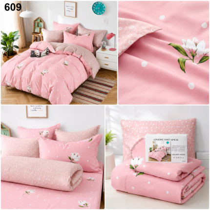 Lenjerie de Pat Pucioasa 609 din Finet 6 Piese cu Magnolii Roz Pudrat
