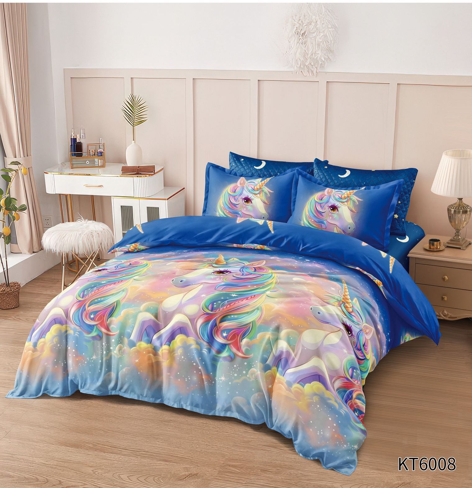 02e5fbe5-9e7e-4ee2-9262-b0f8cdfd594a Lenjerie pat dublu 6 piese cu elastic unicorni KT02 - imagine 1