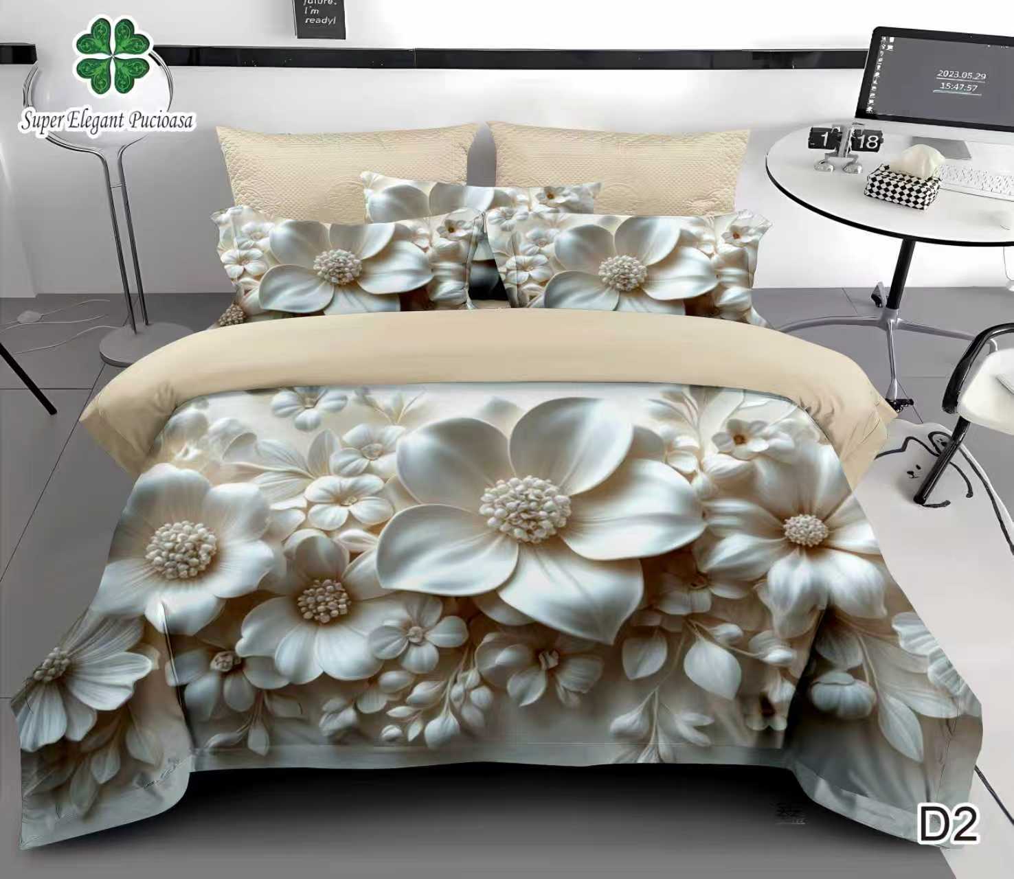 bb0ba3c0-e8fc-41a1-8a1a-80ea6792220c Lenjerie pat dublu cu flori 5D cu elastic 5D70 - imagine 1