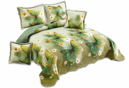 Cuvertură de pat din bumbac verde cu fluturi și flori – eleganță și prospețime pentru dormitor