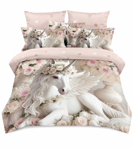Lenjerie pat dublu cu unicorni 5D cu elastic 5D80