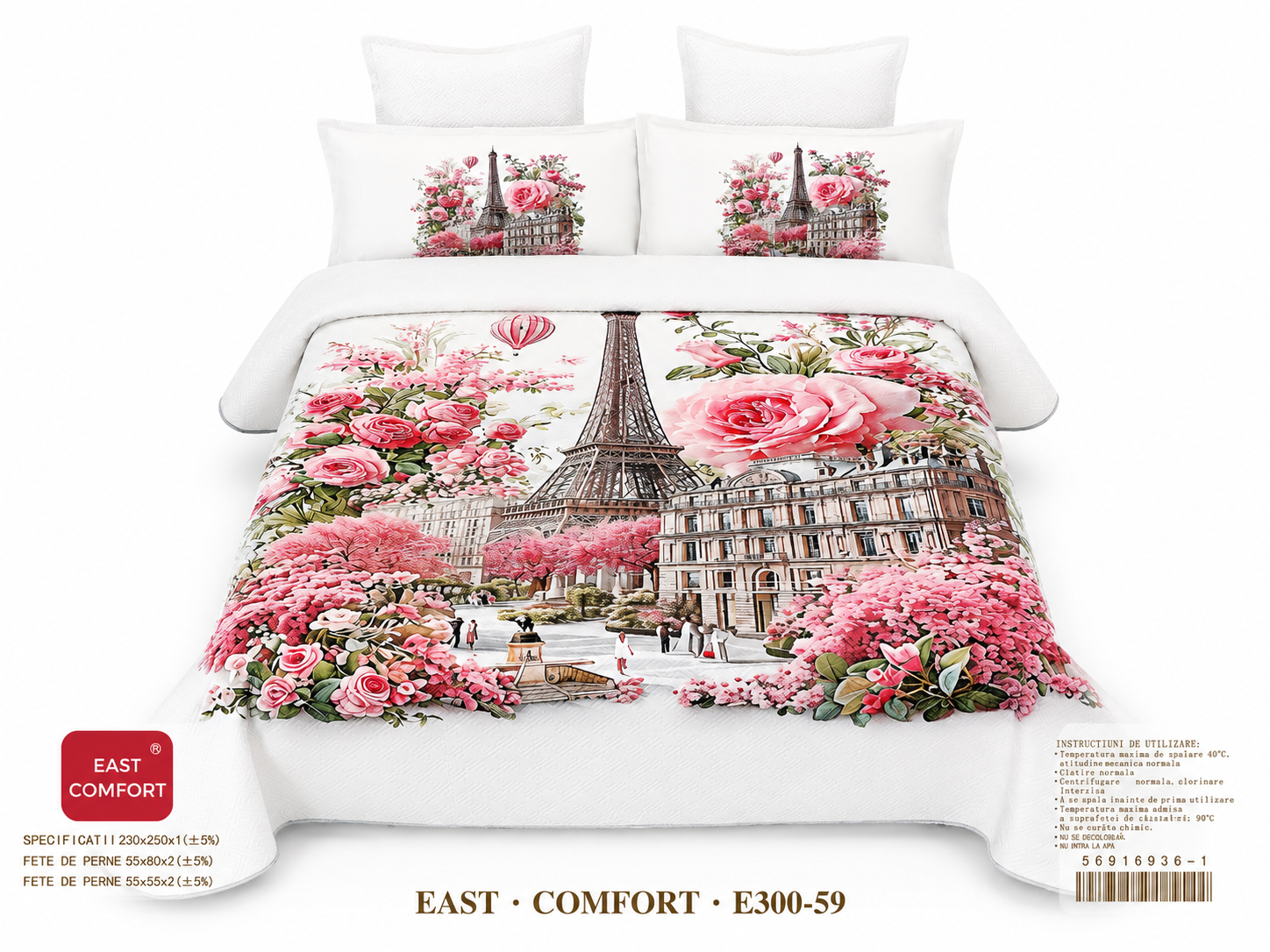 Cuvertura de pat din catifea albă cu Turnul Eiffel și flori roz – 5 piese Cuvertura de Pat din catifea 5 piese CVE98 - imagine 1